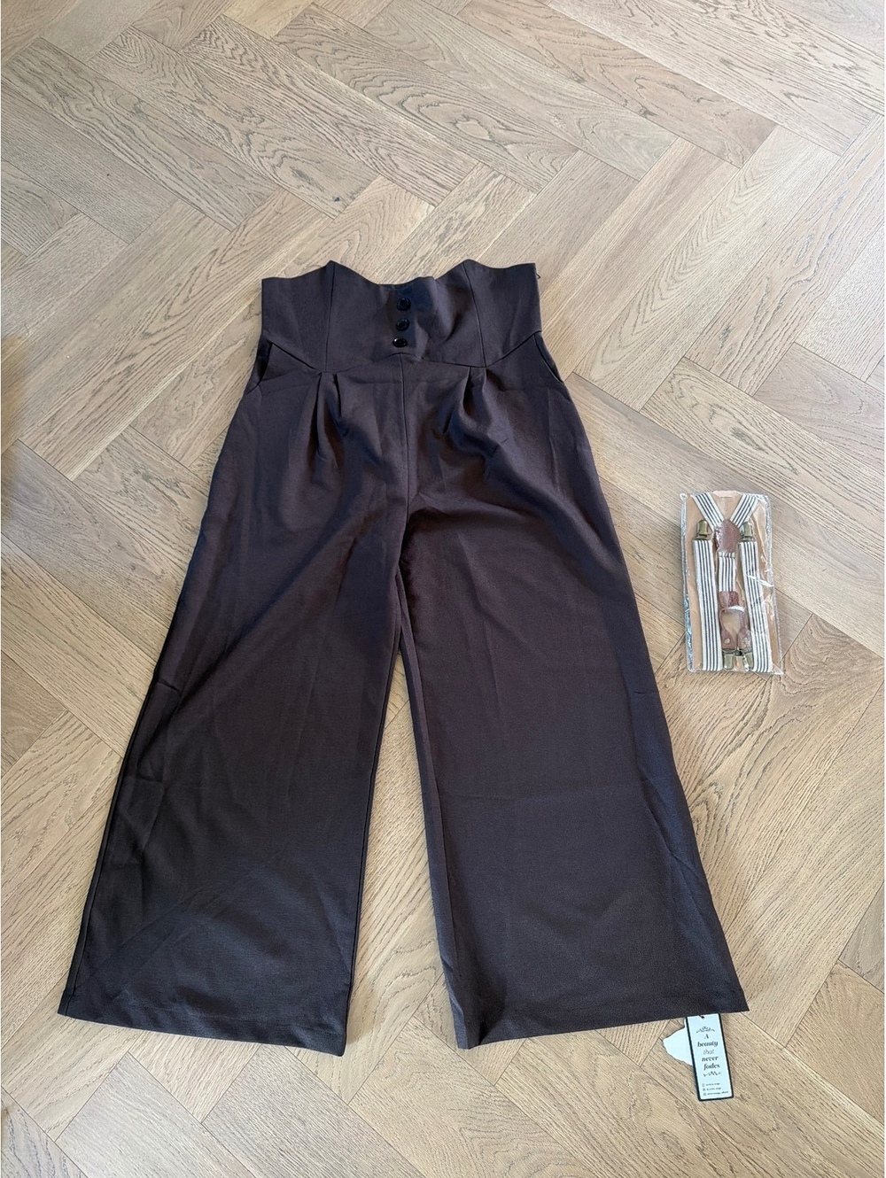NWT Retro Stage Brown Wide Leg High Waist Pants with Suspenders, XL